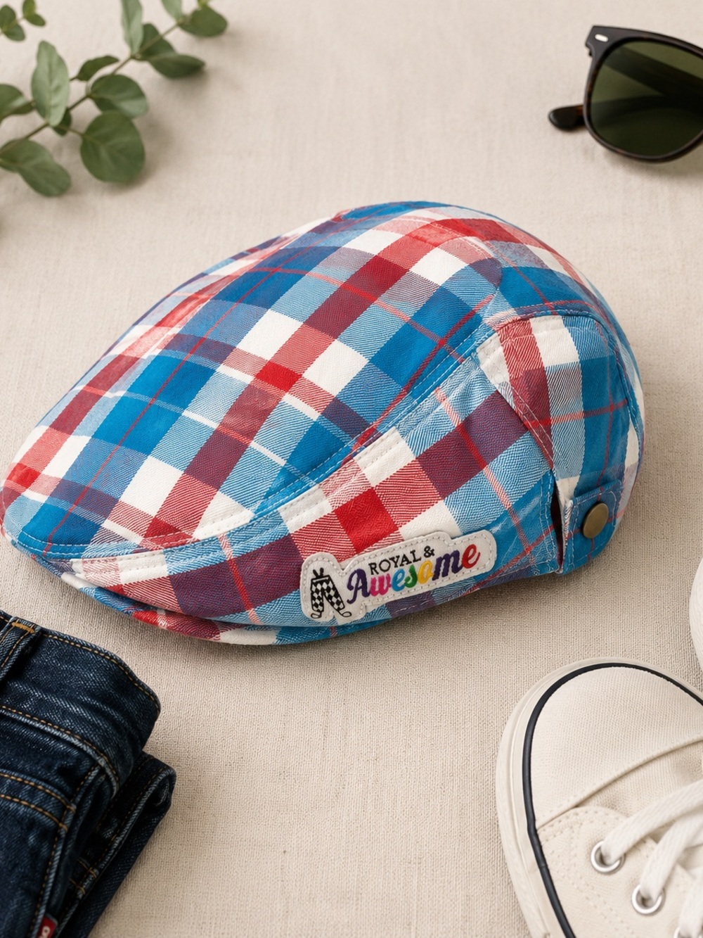 Royal & Awesome Plaid Flat Cap - Red, Blue & White